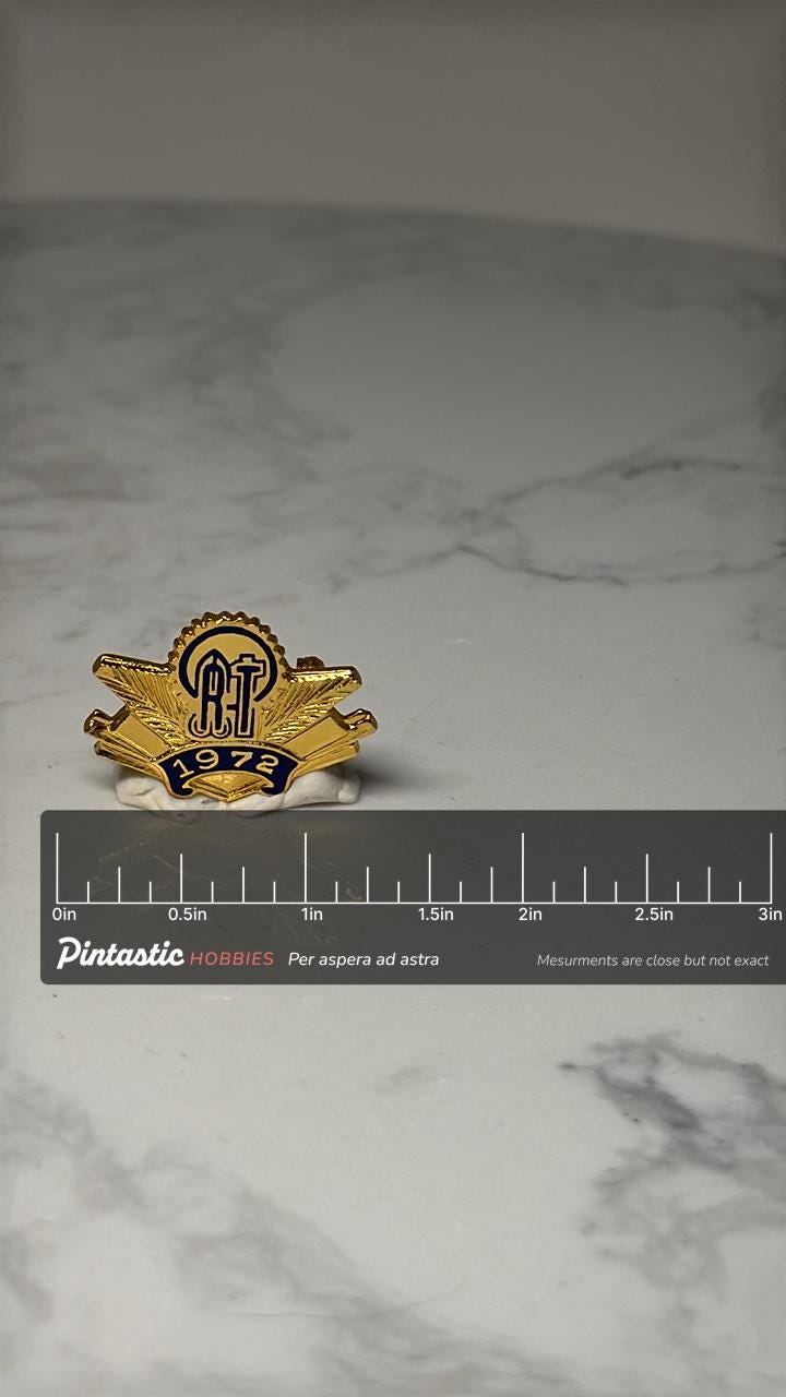 Vintage 1972 ORT Lapel Pin: Organization for Rehabilitation Through Training – Gold Tone Badge with ruler overlay for size re