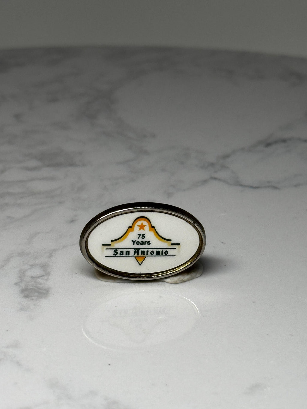 San Antonio 75 Years Lapel Pin: White Enamel Gold Tone - Texas Commemorative Accessory
