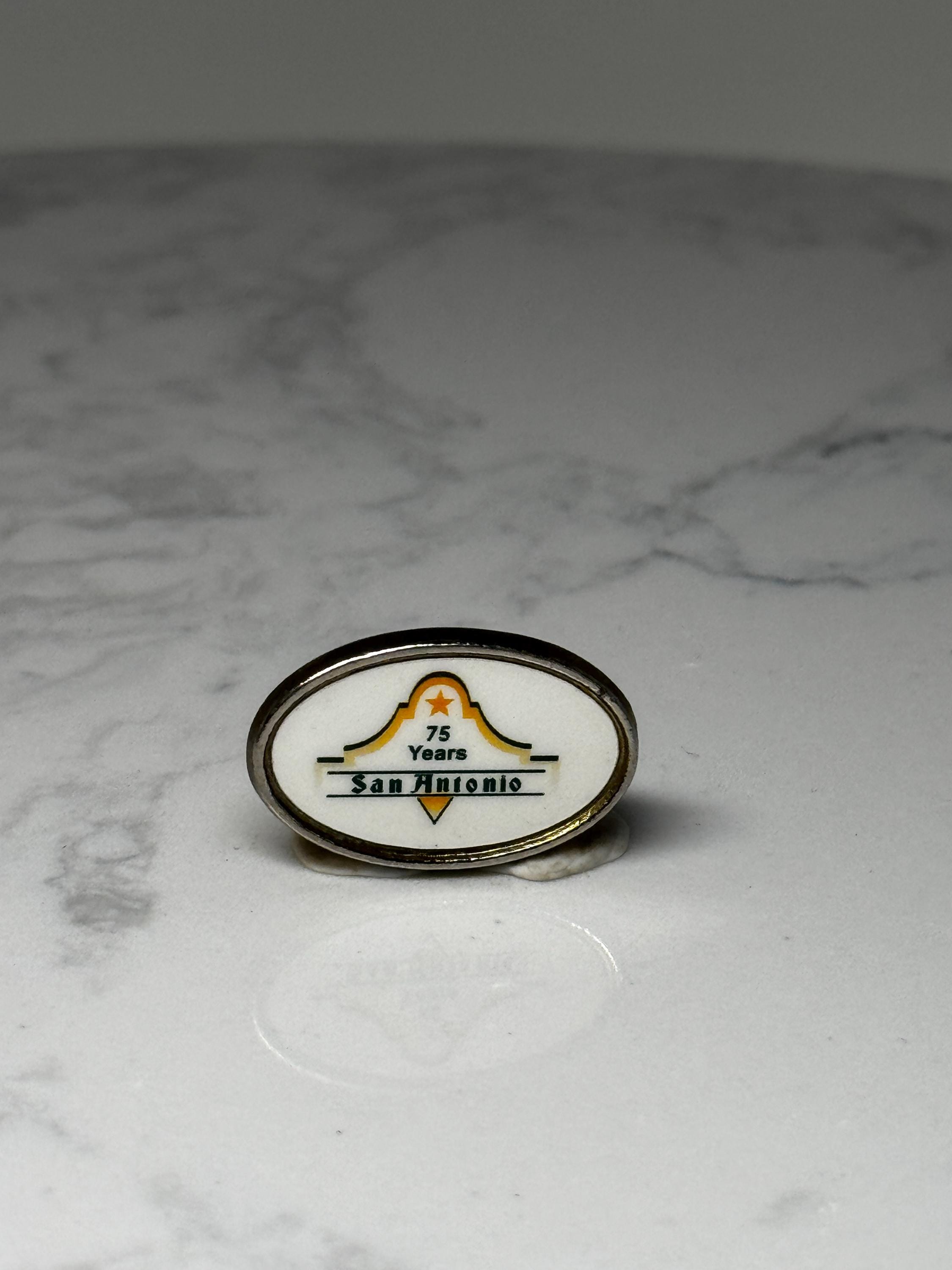 San Antonio 75 Years Lapel Pin: White Enamel Gold Tone - Texas Commemorative Accessory