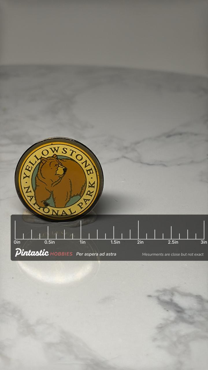 Yellowstone National Park Bear Pin: Gold Tone Enamel - Park Souvenir with ruler overlay for size reference