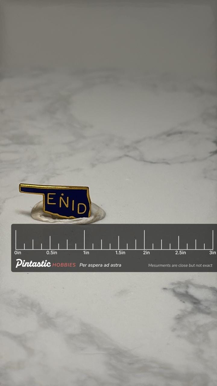 Enid Oklahoma State Pin: Blue & Gold Enamel - Vintage Travel Souvenir with ruler overlay for size reference