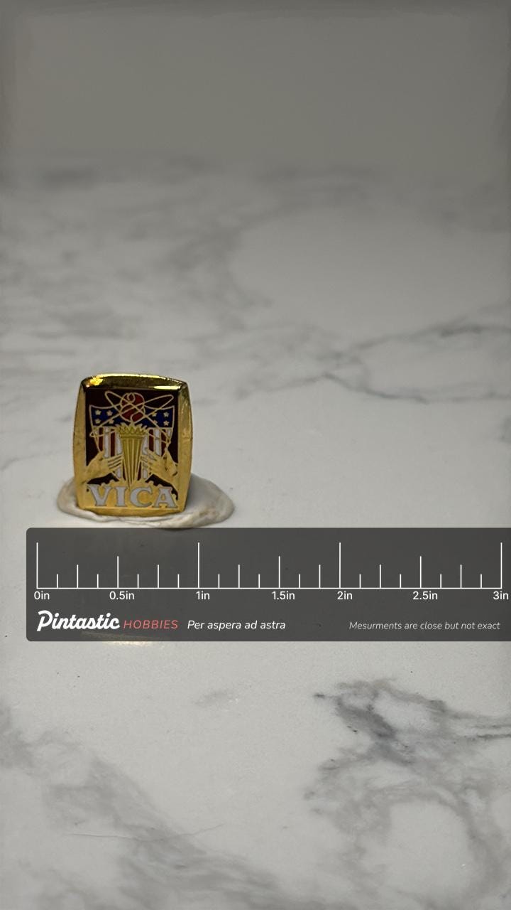 VICA Organization Pin: Gold Enamel - Career Club Accessory with ruler overlay for size reference