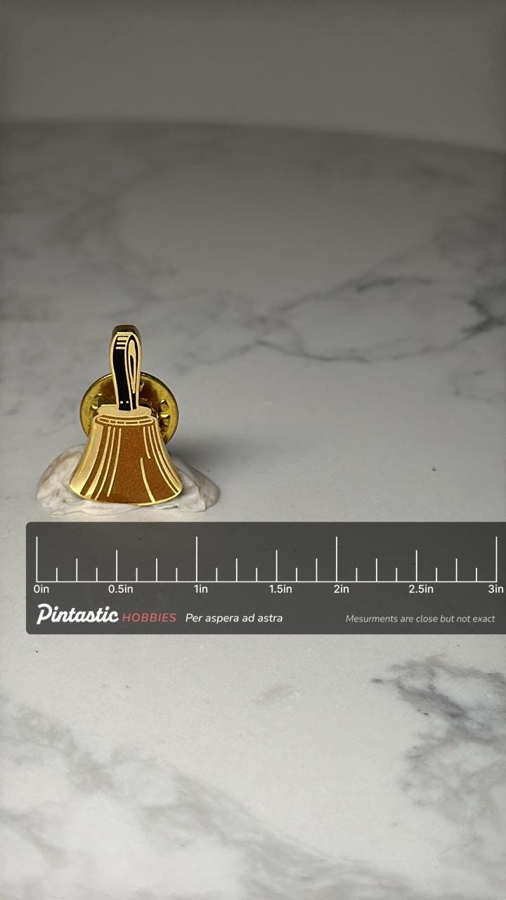 Vintage Handbell Lapel Pin: Gold Tone Brown – Church Music Ensemble Badge with ruler overlay for size reference