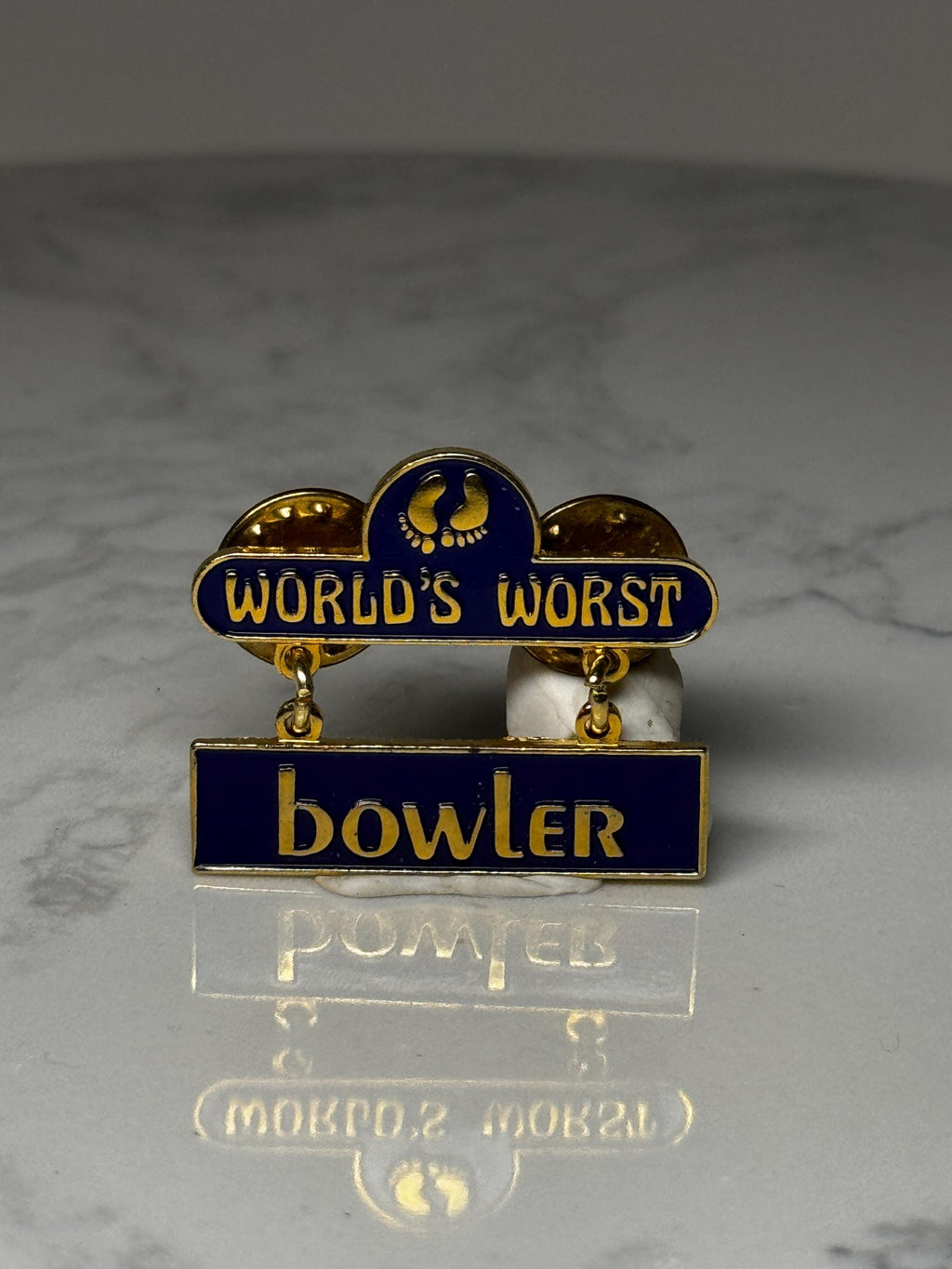World's Worst Bowler Dangle Pin: Blue Gold Enamel - Novelty Award