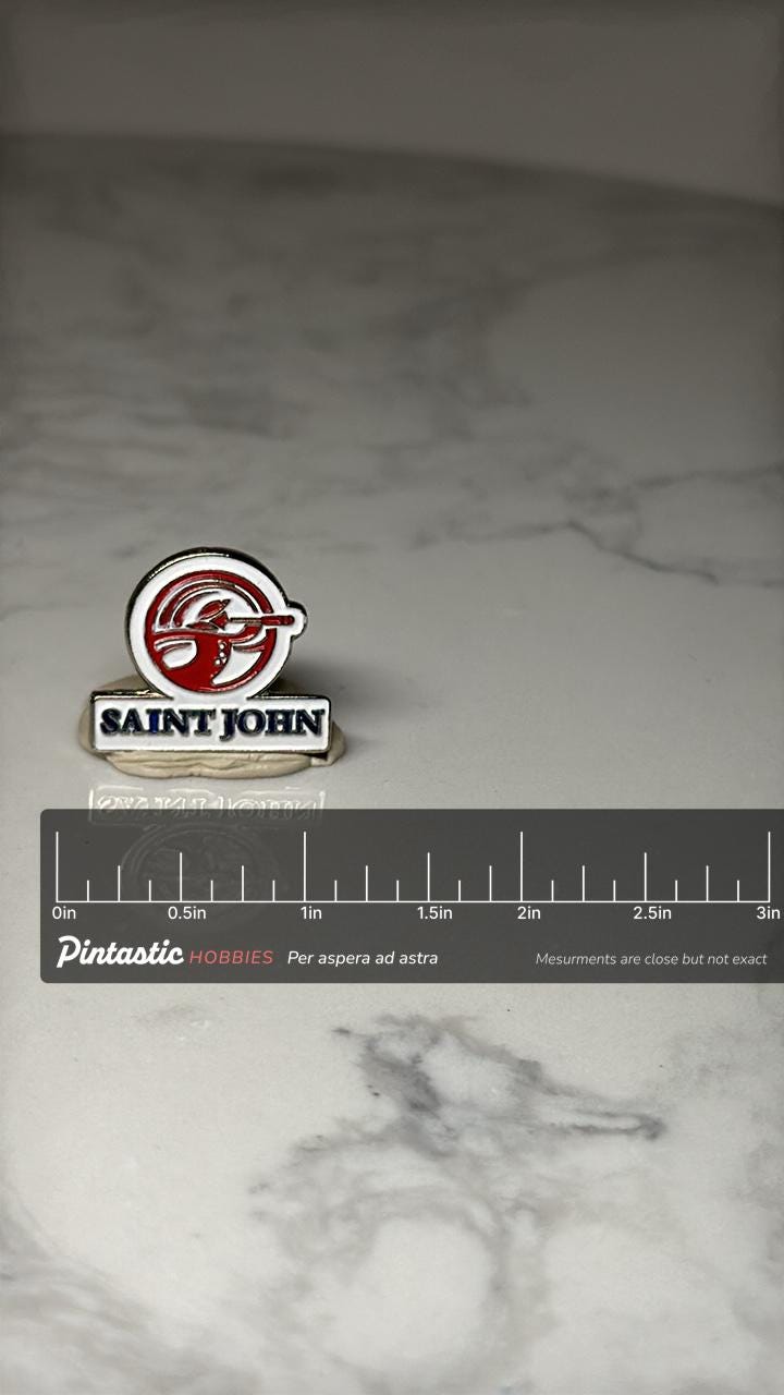 Saint John City Lapel Pin: Red & White Enamel - Canada Travel with ruler overlay for size reference