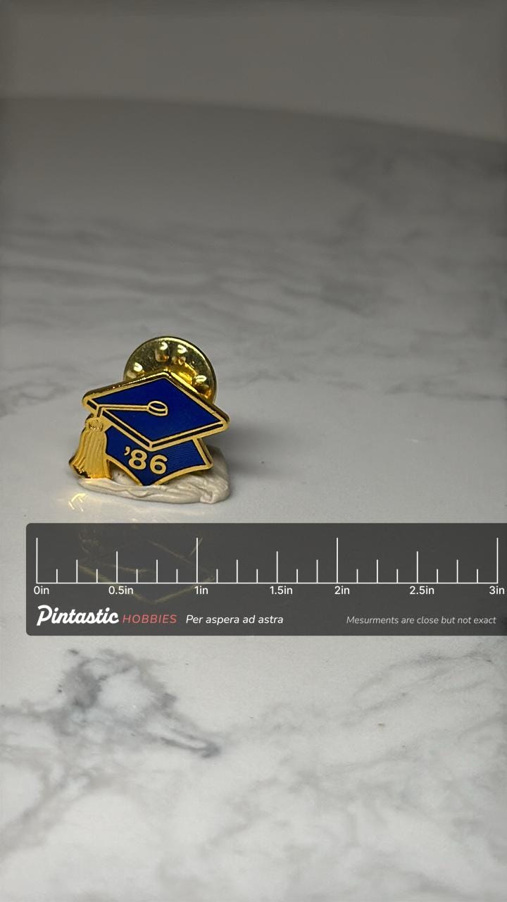 Class of 1986 Graduation Hat Pin: Blue & Gold Enamel - 80s Accessory with ruler overlay for size reference