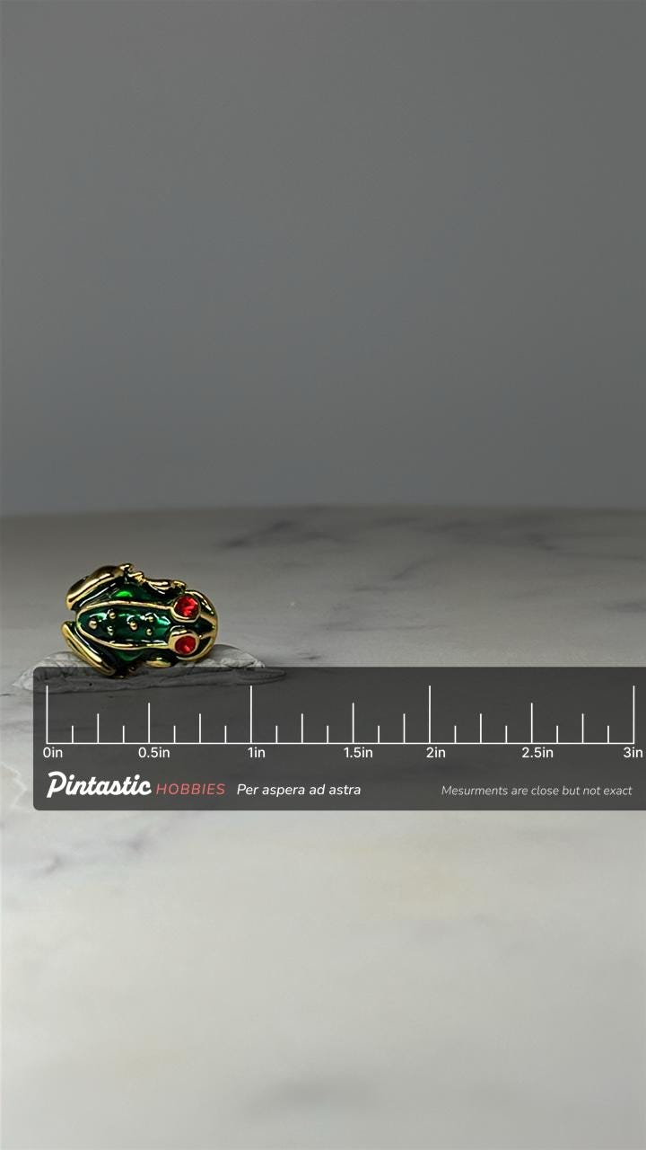 Frog Lapel Pin: Green Enamel Gold Tone - Nature Animal Accessory with ruler overlay for size reference