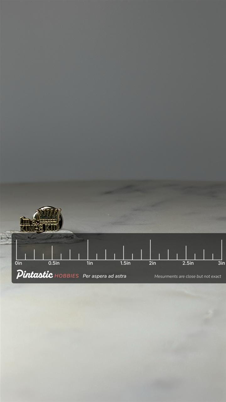 Im a Kings Kid Crown Lapel Pin: Gold Tone - Christian Faith Accessory with ruler overlay for size reference