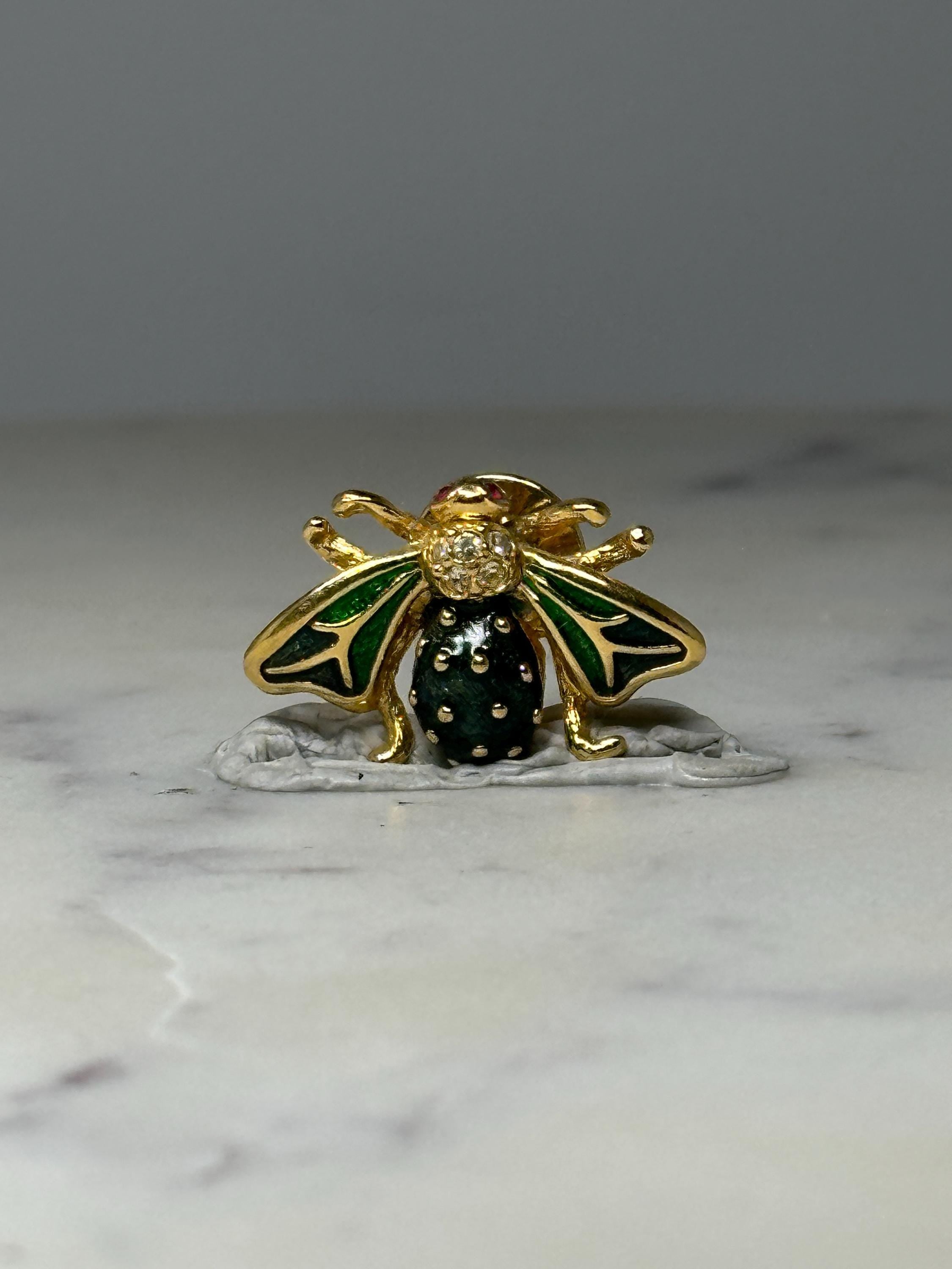 Ladybug Insect Lapel Pin: Gold Tone Green Enamel - Nature Accessory