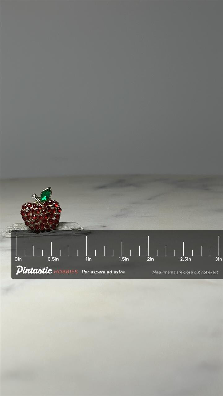 Red Rhinestone Apple Pin: Silver Tone - Vintage Teacher Accessory with ruler overlay for size reference