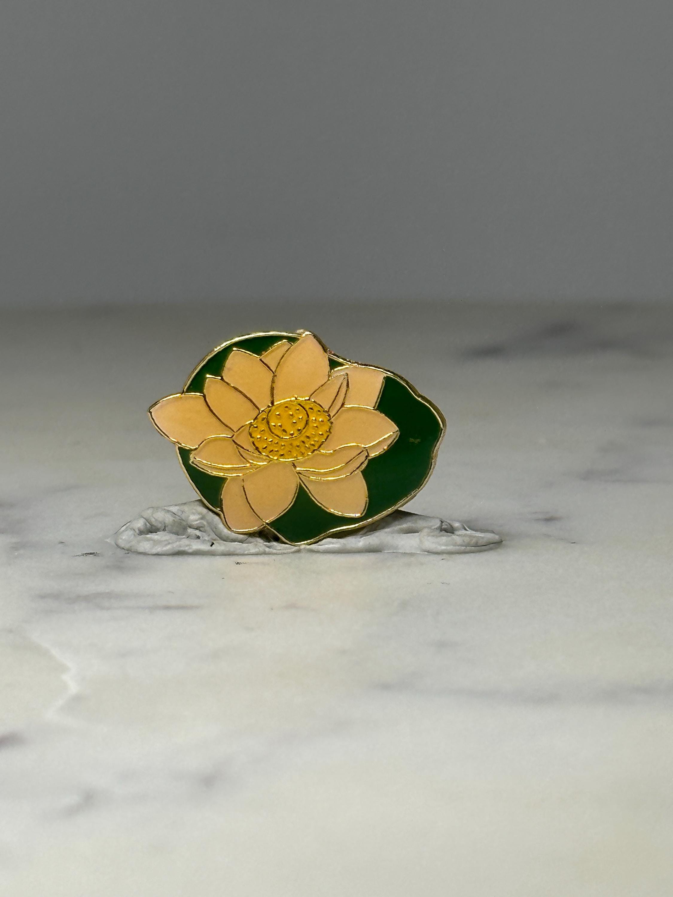 Lotus Flower Enamel Pin: Gold Tone & Green - Floral Nature Accessory