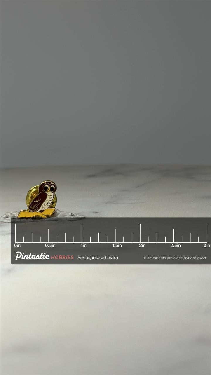 Owl Enamel Lapel Pin: Brown & Gold Tone - Woodland Accessory with ruler overlay for size reference