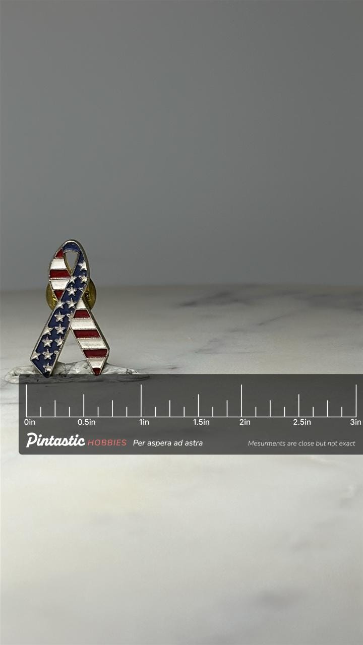 American Flag Ribbon Lapel Pin: Red White Blue Enamel - Patriotic Accessory with ruler overlay for size reference