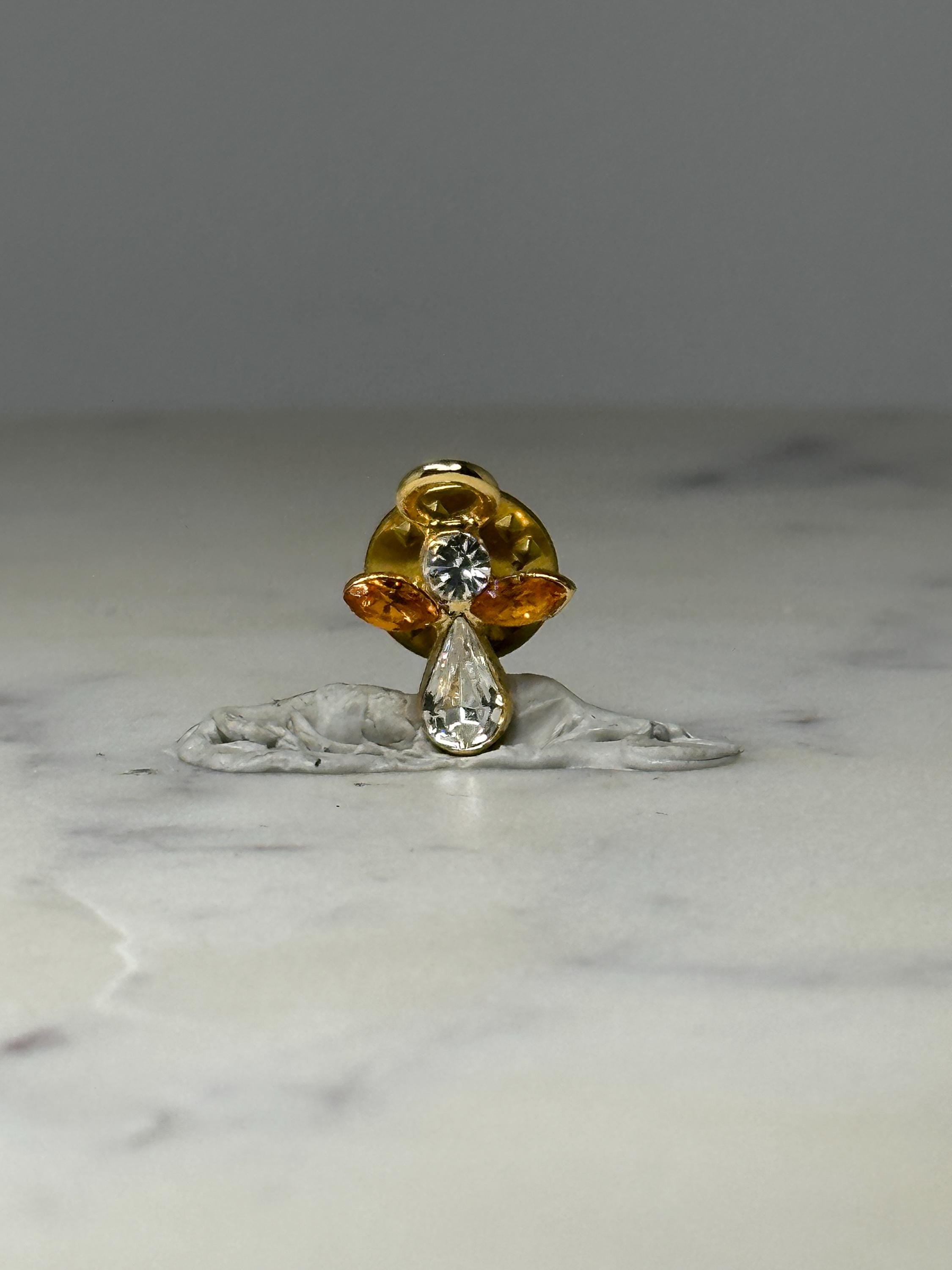 Angel Rhinestone Pin: Gold Tone & Amber - Vintage Religious Accessory