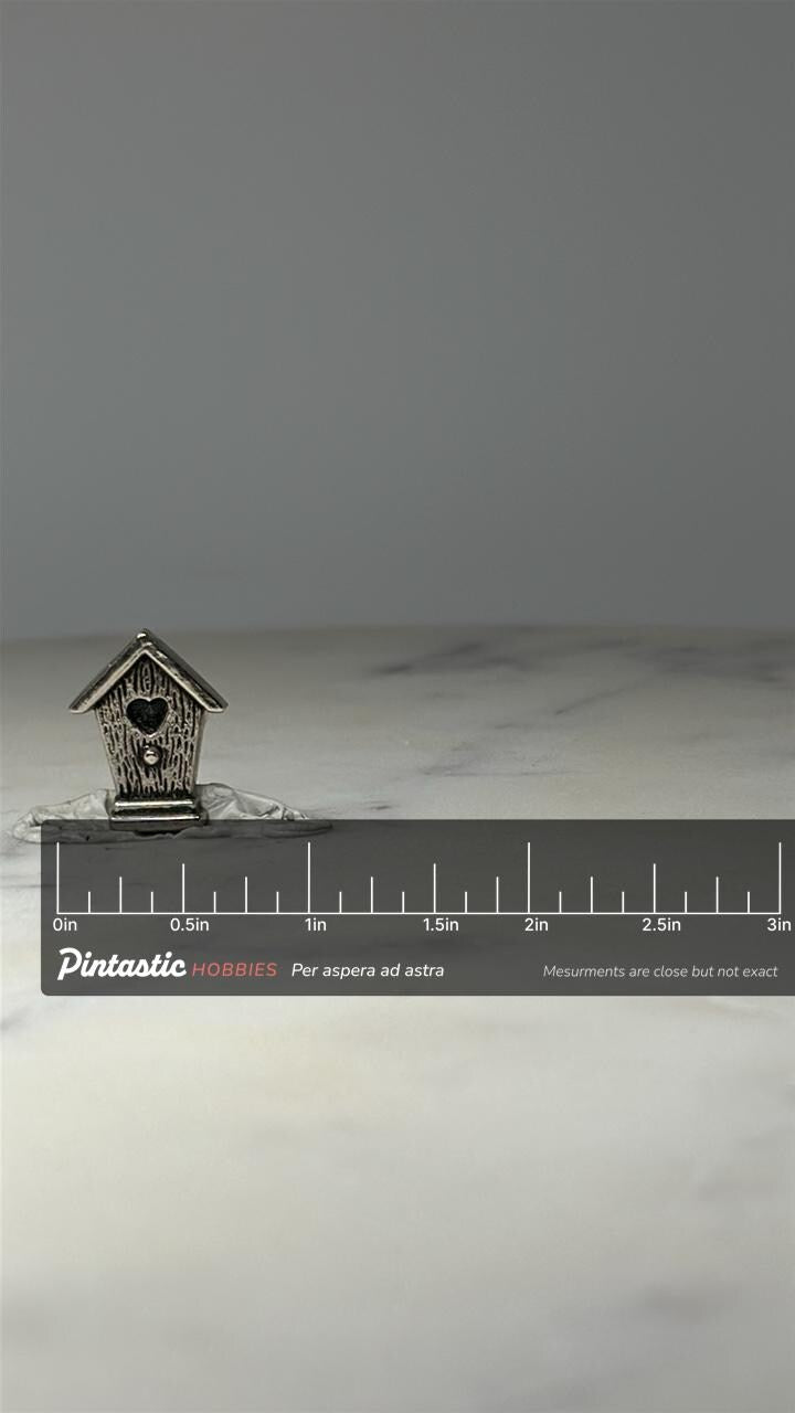 Birdhouse Lapel Pin: Silver Tone Heart Cutout - Rustic Nature Accessory with ruler overlay for size reference