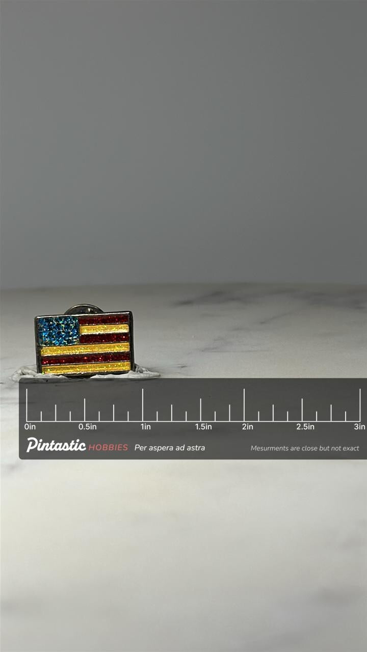 American Flag Glitter Enamel Pin: Red Gold Blue - Patriotic Accessory with ruler overlay for size reference