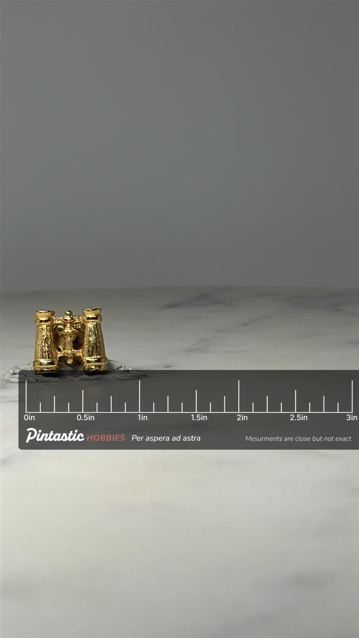 Binoculars Lapel Pin: Gold Tone Metal - Vintage Travel Accessory with ruler overlay for size reference