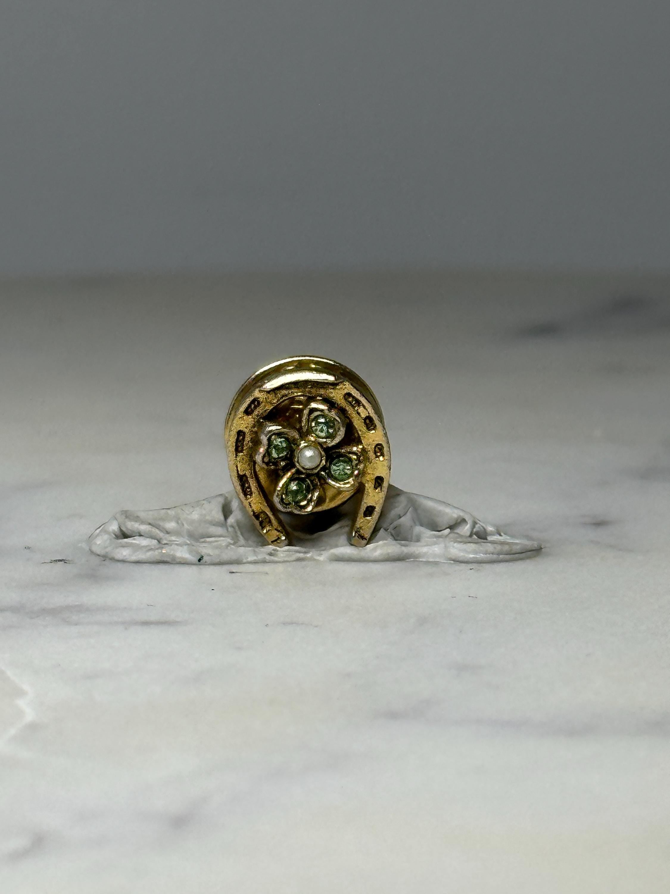 Lucky Horseshoe Clover Pin: Gold Tone Green Enamel - Irish Theme Accessory