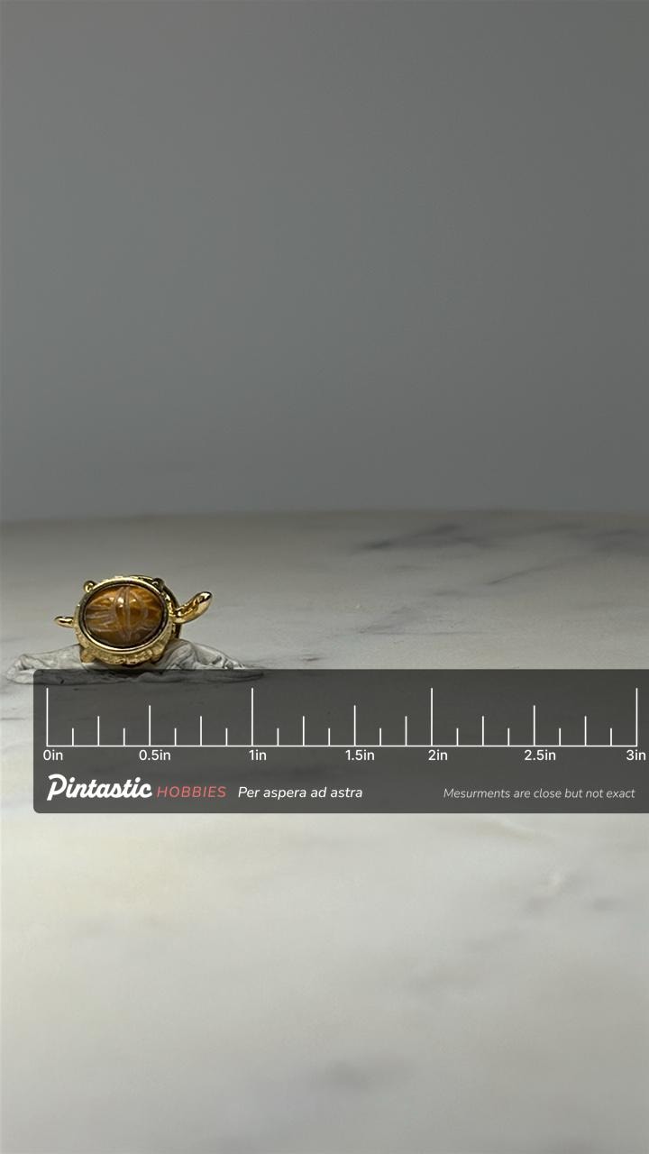 Turtle Animal Lapel Pin: Gold Tone with Amber Stone - Nature Accessory with ruler overlay for size reference