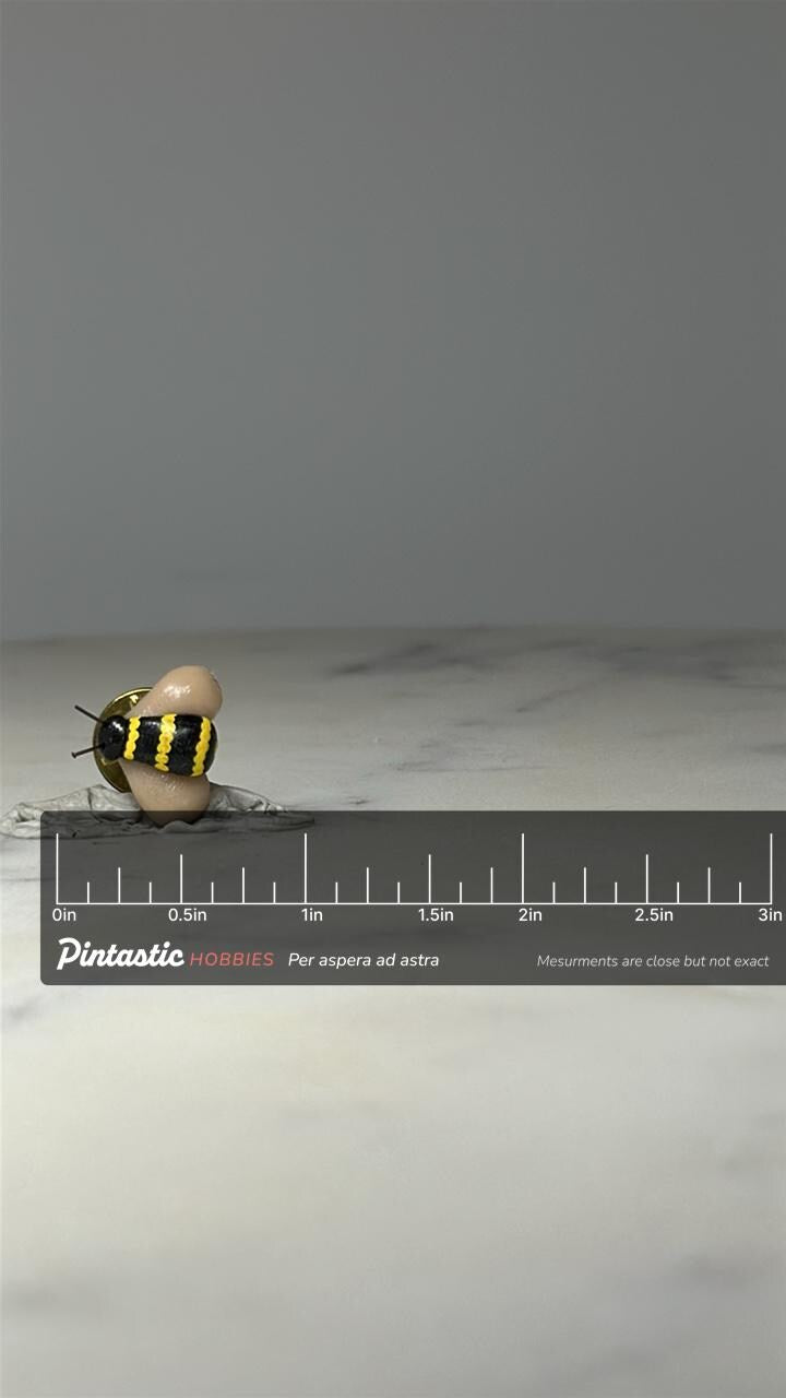 Bumble Bee Insect Lapel Pin: Black Yellow Enamel - Nature Accessory with ruler overlay for size reference