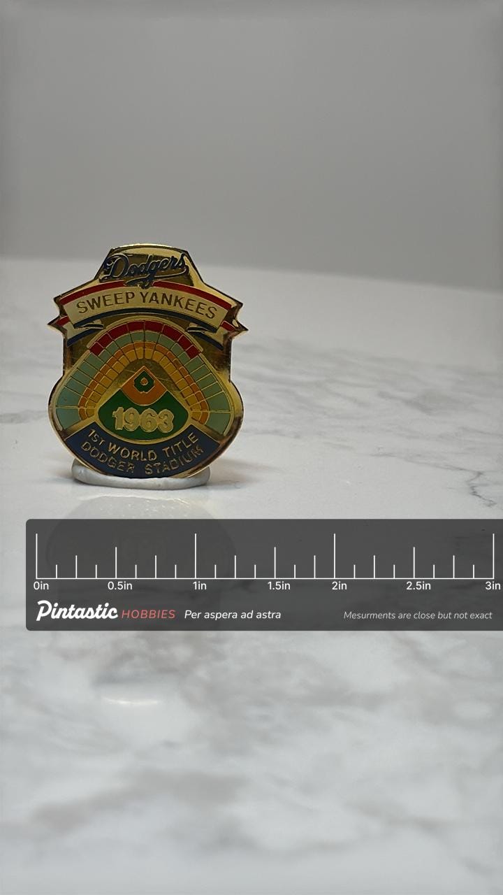 Dodgers Sweep Yankees Pin: Gold Enamel Stadium - 1963 Baseball Accessory with ruler overlay for size reference