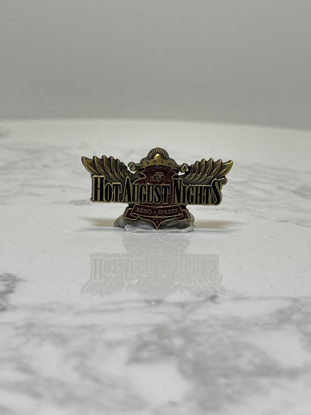 Hot August Nights Car Show Pin: Gold Red Wings Design - Retro Auto Accessory