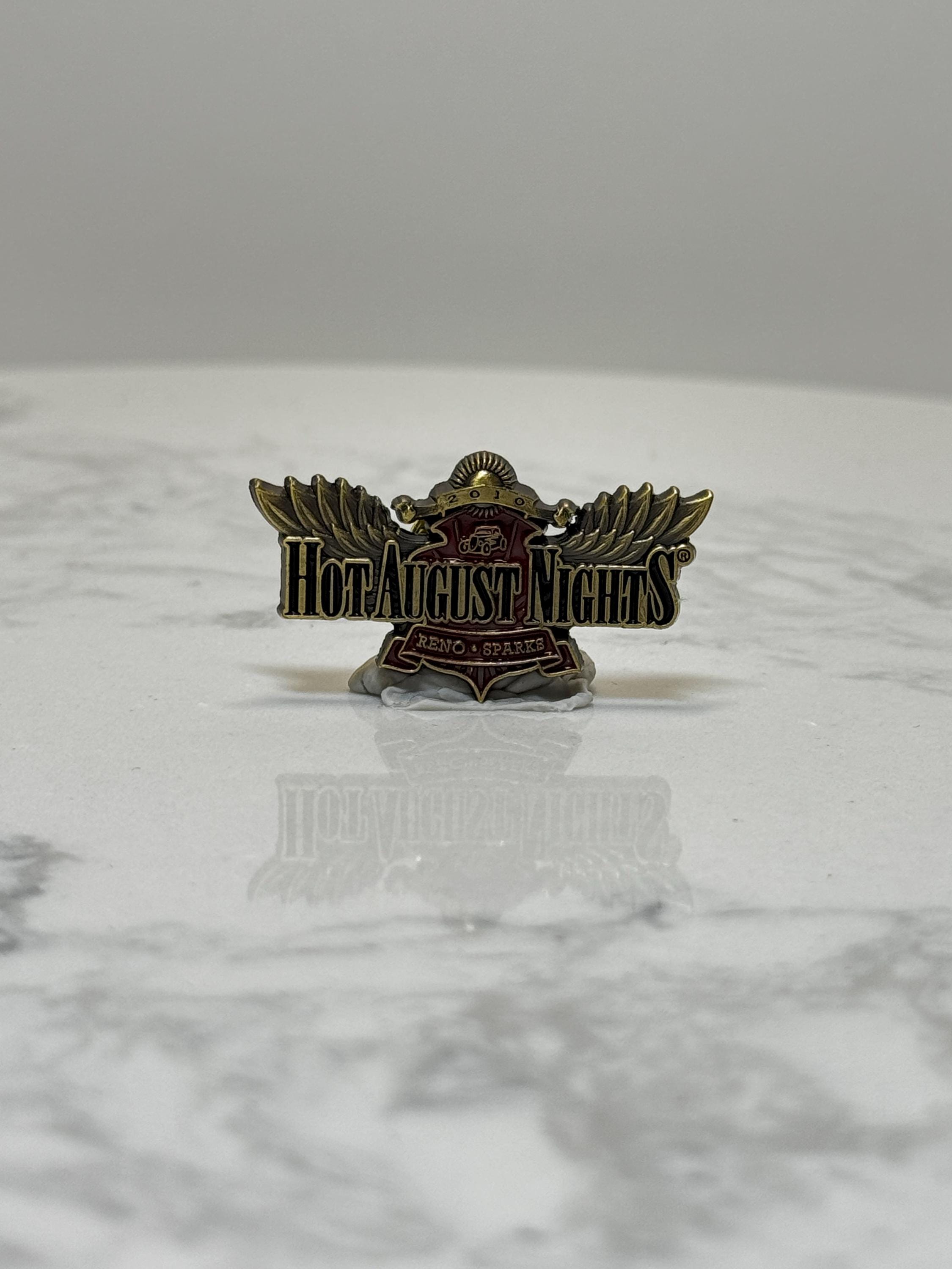 Hot August Nights Car Show Pin: Gold Red Wings Design - Retro Auto Accessory