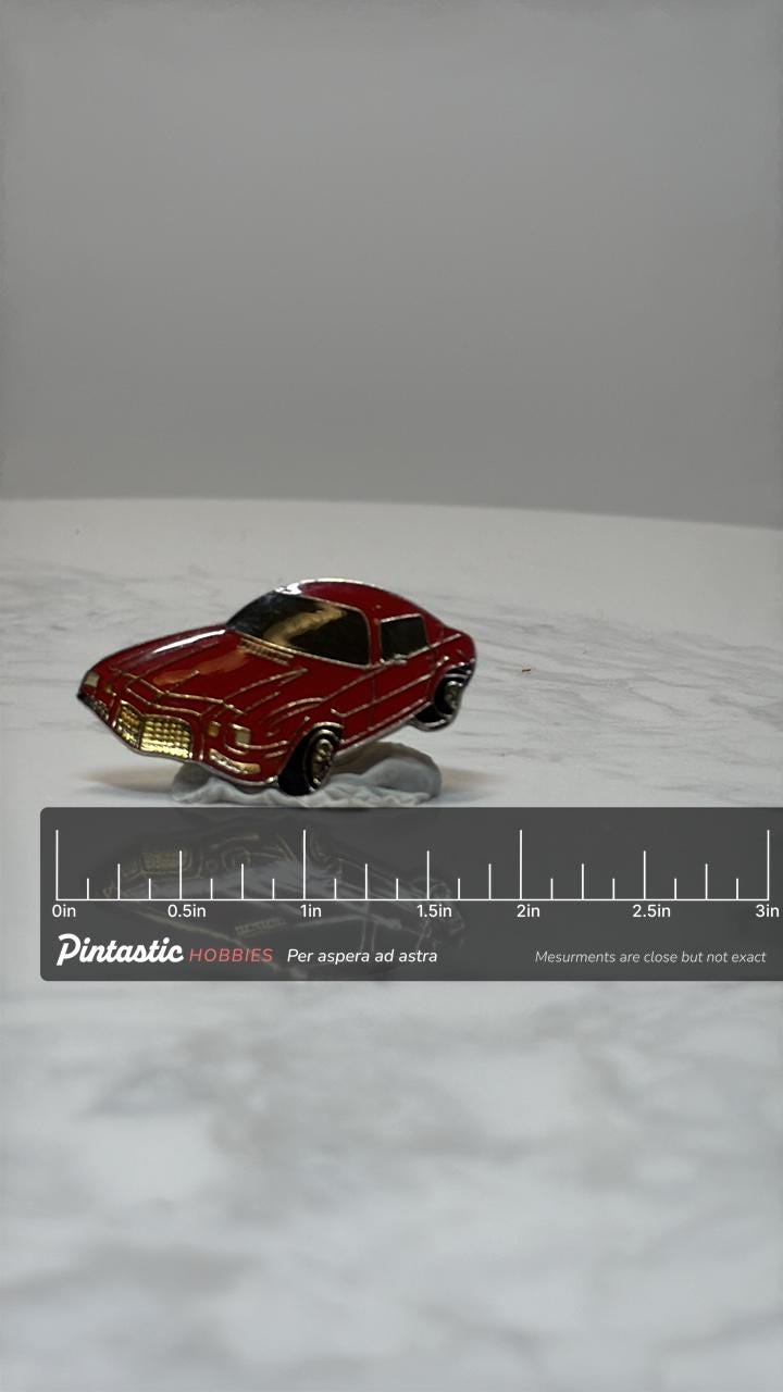 1971 Firebird Style Pin: Red Classic 70s Muscle Car Enamel Pin with ruler overlay for size reference