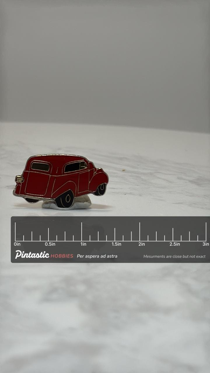1937 Ford Tudor Style Pin: 1930s Classic Coupe Enamel Car Pin with ruler overlay for size reference