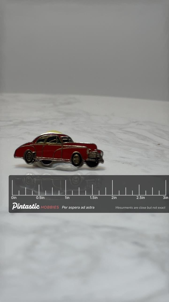 1948 Fleetmaster Style Pin: Red Classic 40s Coupe Enamel Car Pin with ruler overlay for size reference
