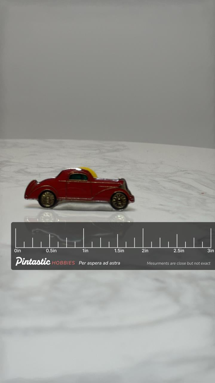 1936 Ford Coupe Style Pin: Red Classic 30s Art Deco Enamel Car Pin with ruler overlay for size reference