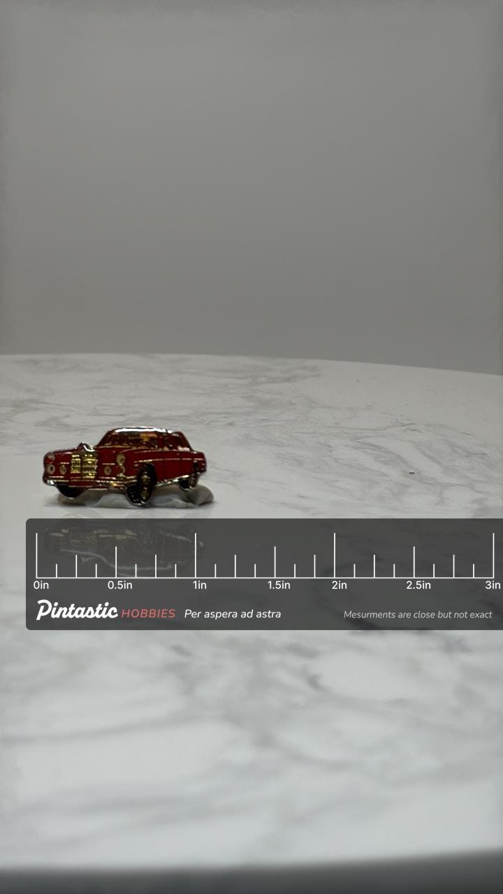1960s Mercedes Benz 300SE Sedan Pin: Classic Red Luxury Car Enamel Pin with ruler overlay for size reference