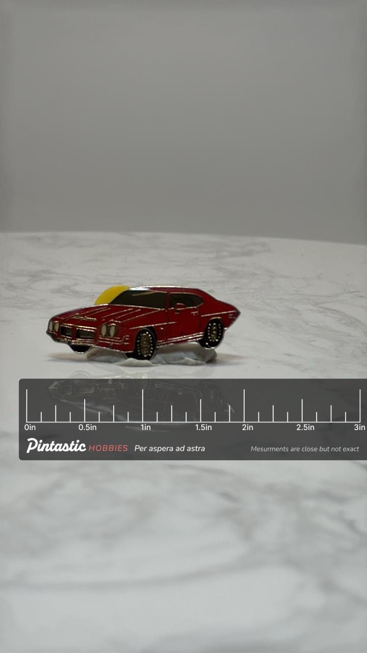 1971 Pontiac GTO Pin: Classic Red Muscle Car Enamel Collector Pin with ruler overlay for size reference