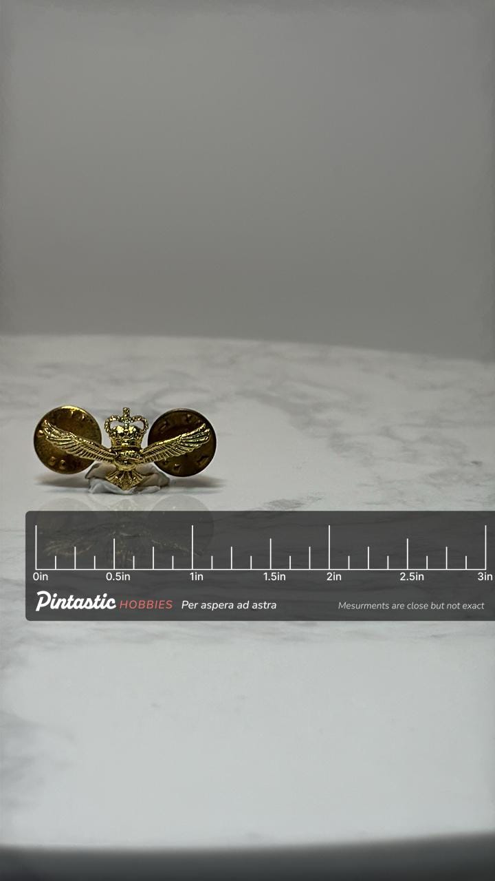 Royal Air Force Military Pin: Gold Tone Metal - Vintage British Accessory with ruler overlay for size reference