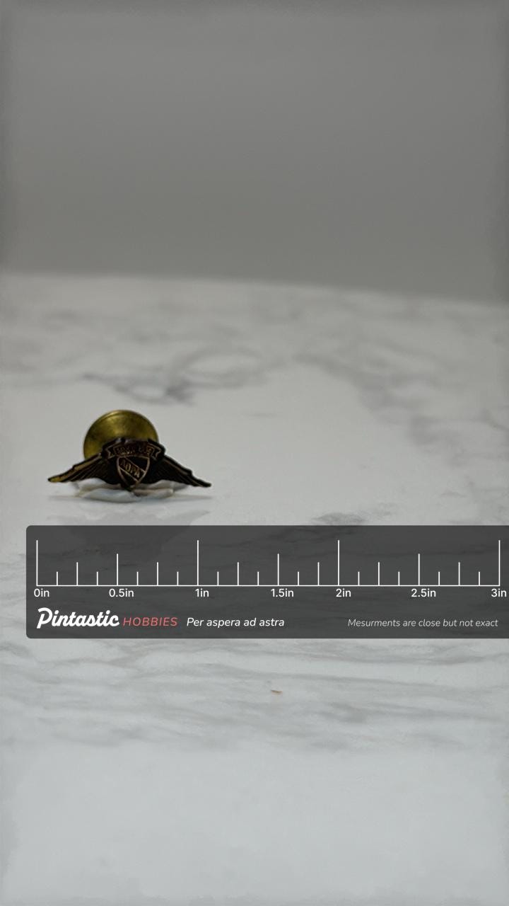 AOPA Wings Lapel Pin: Antique Brass Finish - Aviation Collector Accessory with ruler overlay for size reference