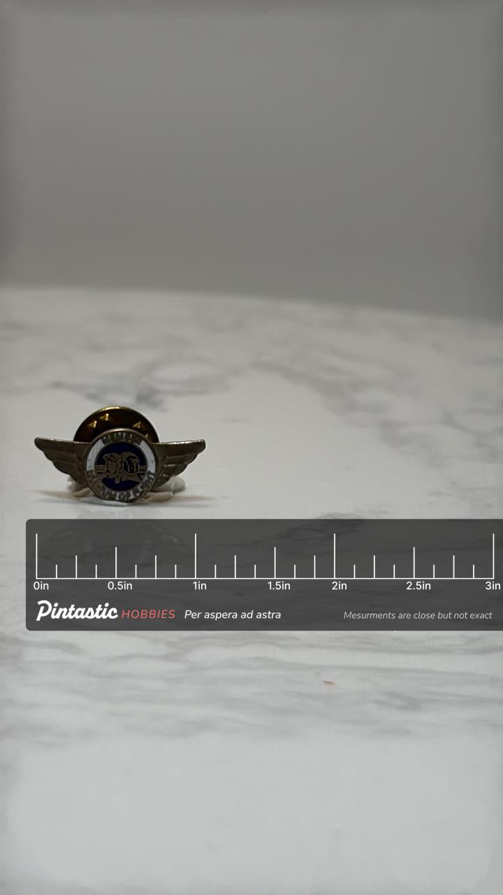 Museum of Flight Wings Pin: Gold & Red Enamel - Aviation Souvenir Accessory with ruler overlay for size reference