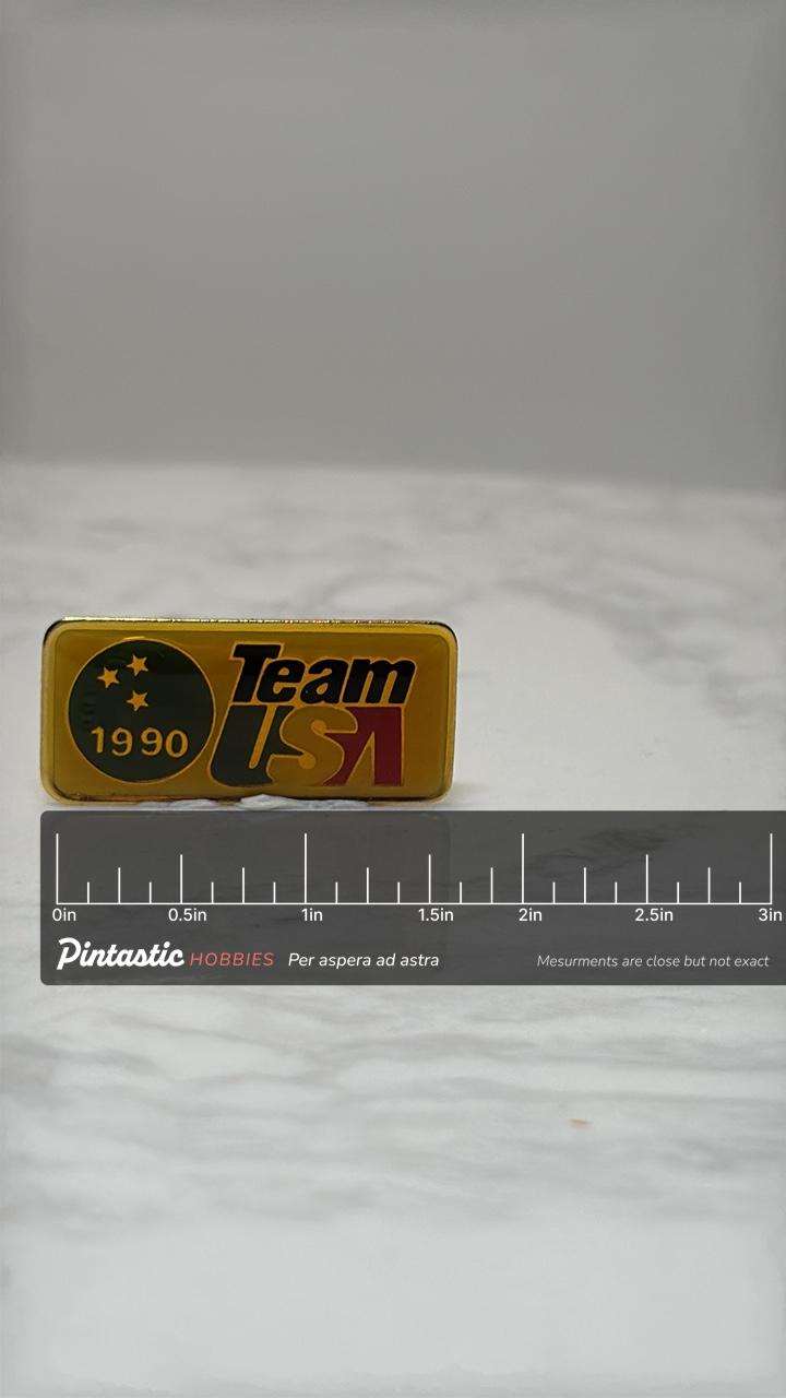 Team USA Lapel Pin: Gold Enamel Finish - 1990 Sports Accessory with ruler overlay for size reference