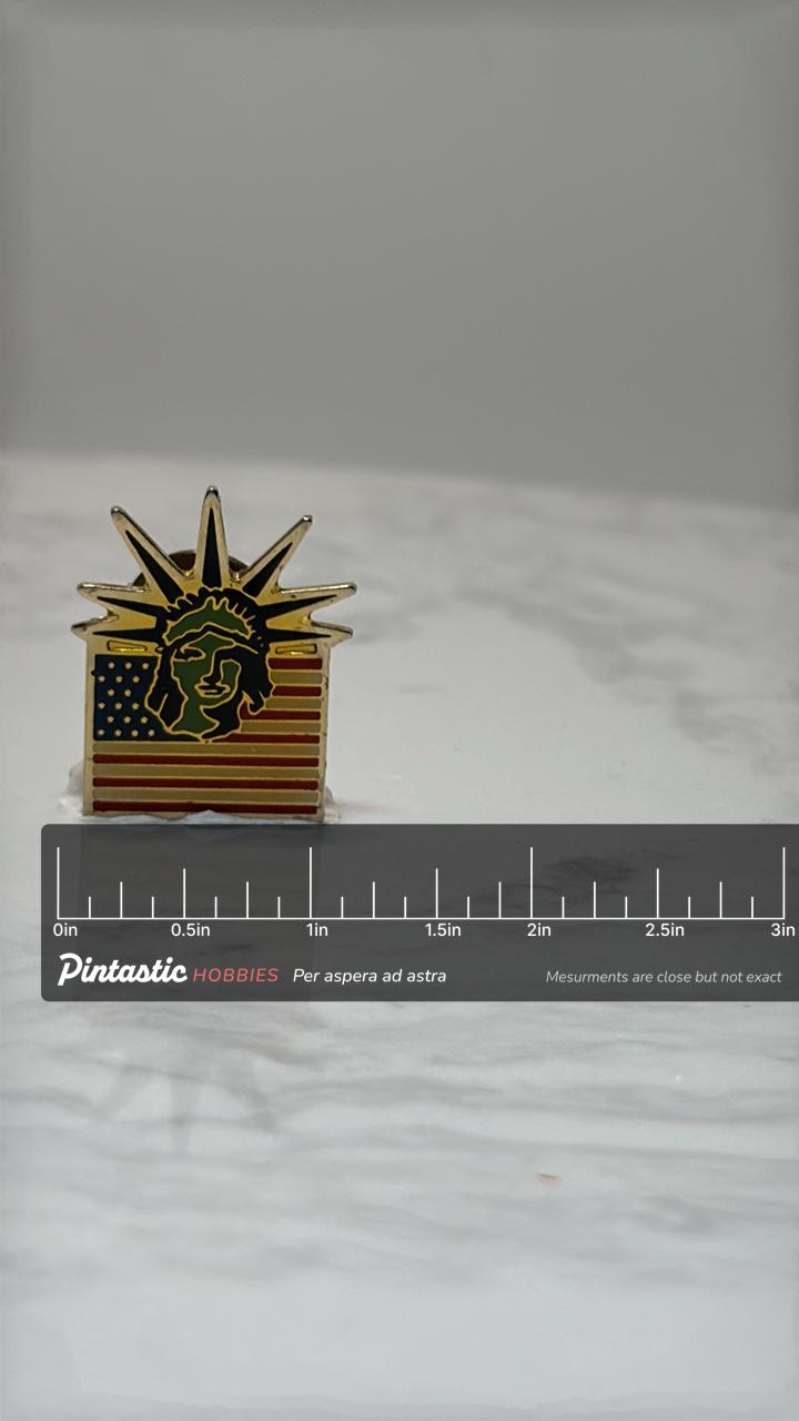 Statue of Liberty Flag Pin: Gold Enamel - Patriotic USA Accessory with ruler overlay for size reference
