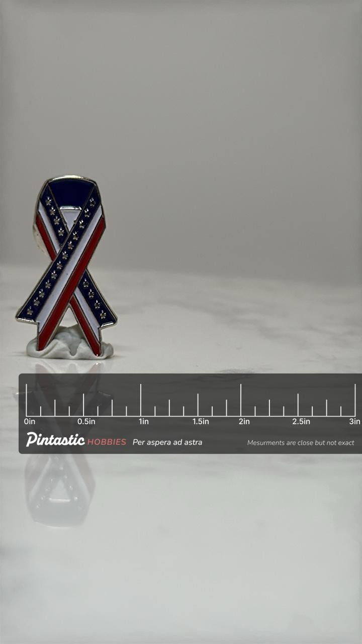 Patriotic Ribbon Awareness Pin: Red White Blue Enamel - Americana Accessory with ruler overlay for size reference
