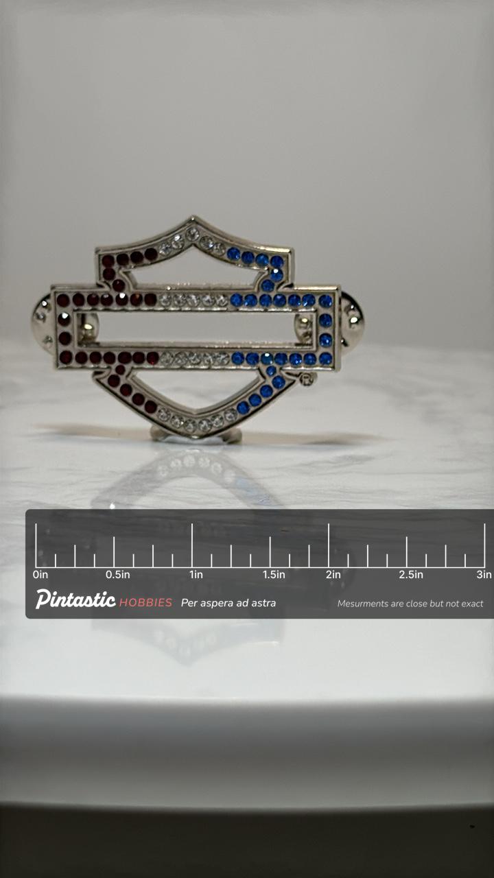 Harley-Davidson Logo Pin: Rhinestone Silver - Biker Style Accessory with ruler overlay for size reference