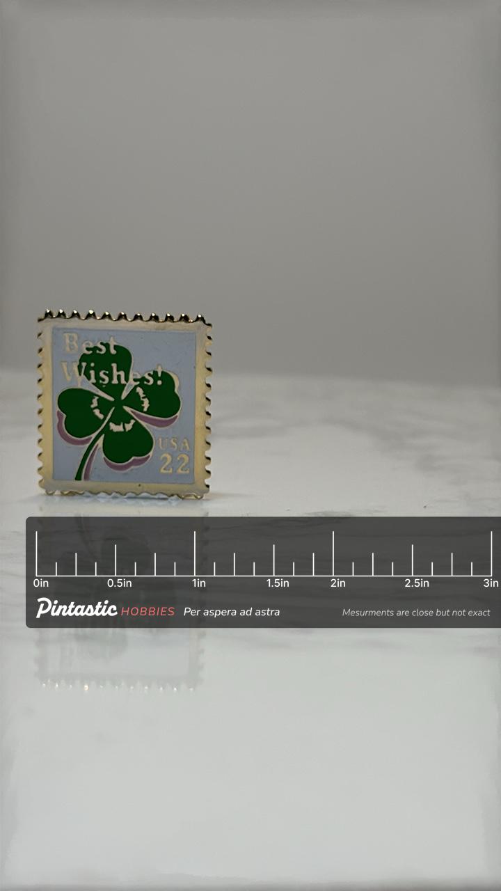 Best Wishes Irish Stamp Pin: Green Clover Enamel - Vintage Luck Accessory with ruler overlay for size reference