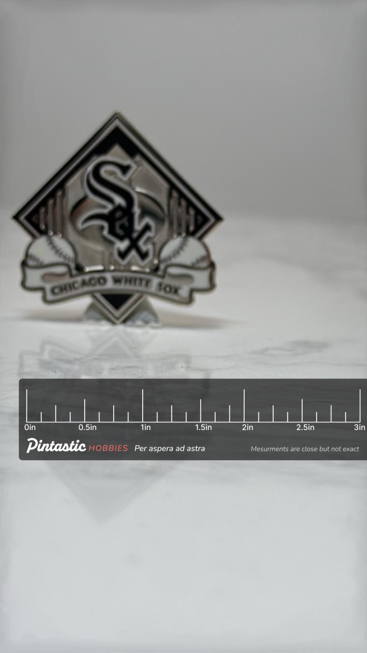 Chicago White Sox Baseball Pin: Silver Black Enamel - MLB Fan Accessory with ruler overlay for size reference