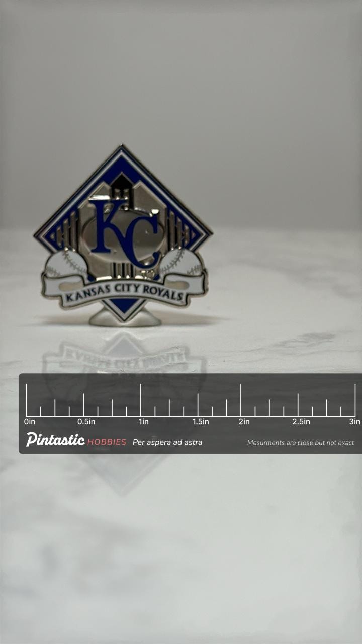 Kansas City Royals Baseball Pin: Silver & Blue Enamel - MLB Fan Accessory with ruler overlay for size reference