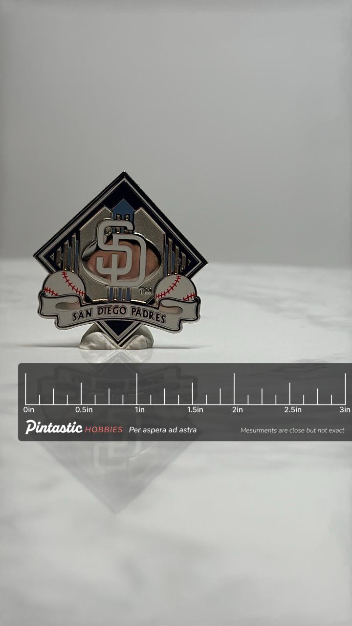 San Diego Padres Baseball Pin: Silver & Navy Enamel - MLB Sports Accessory with ruler overlay for size reference