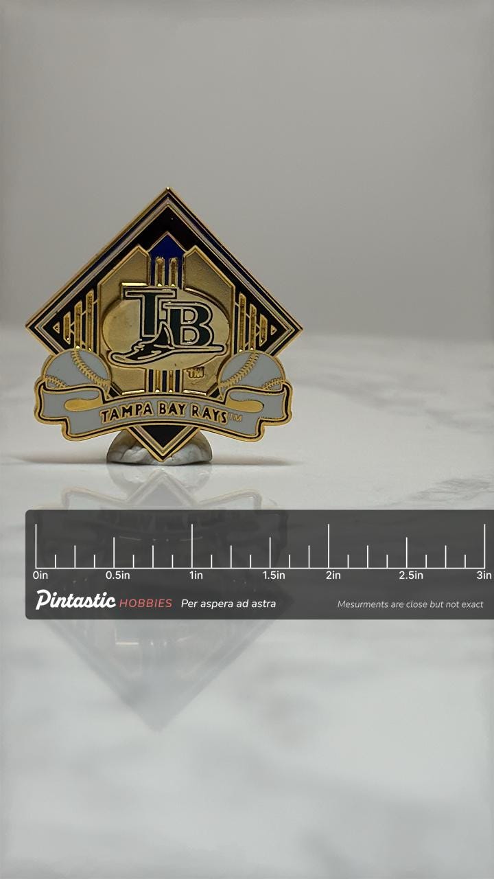 Tampa Bay Rays Baseball Pin: Gold Enamel - MLB Sports Accessory with ruler overlay for size reference