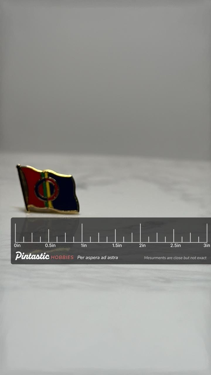 Sami Flag Lapel Pin: Wavy Enamel Gold Trim - Cultural Pride Accessory with ruler overlay for size reference