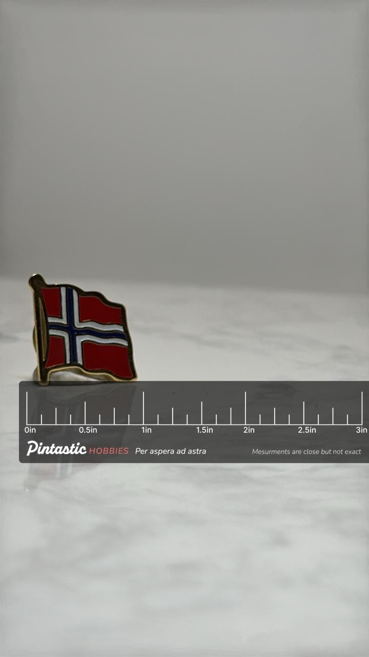 Norway Flag Lapel Pin: Red Enamel Gold Trim - Patriotic Accessory with ruler overlay for size reference