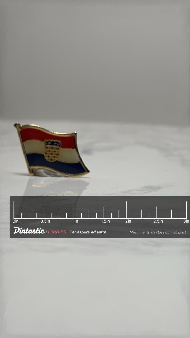 Yugoslavia Flag Pin: Gold Trim Enamel - Vintage Country Accessory with ruler overlay for size reference