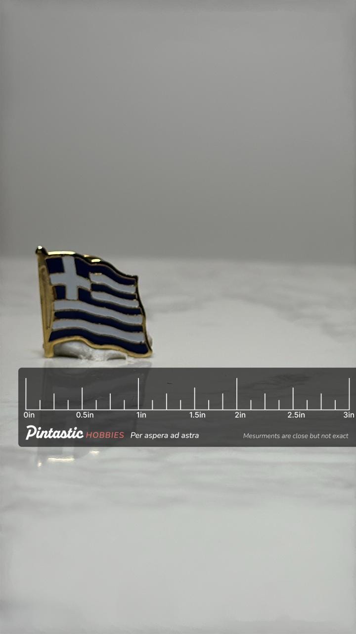 Greece Flag Lapel Pin: Gold Trim Enamel - Patriotic Travel Accessory with ruler overlay for size reference