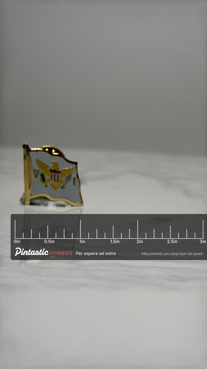 US Virgin Islands Flag Pin: Gold Trim Enamel - Patriotic Travel Accessory with ruler overlay for size reference